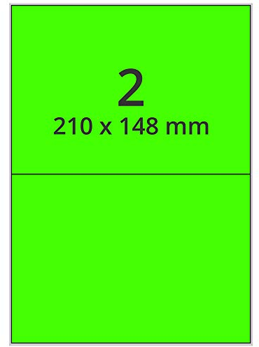 Farbige Etiketten auf A4 Bogen, neongrün - 210 x 148 mm - 200 Papier Aufkleber auf 100 Blatt, selbstklebende Laser-Etiketten fluorisierend leuchtfarbig