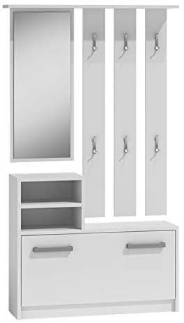 Mirjan24 Garderoben-Set Biel mit 6 Kleiderhaken, Spiegel, Schuhschrank, Farbauswahl, Wandgarderobe (Weiß)