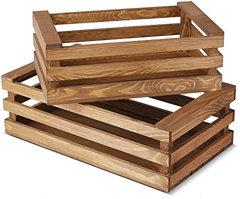 Flexzion Wooden Crate Box With Handles - Natural Brown Style Finish Vintage Wooden Crates for Display Nesting Storage Home Decor Wood Crate Box for Party Office, Bedroom, Kitchen and Closet (Set of 2)