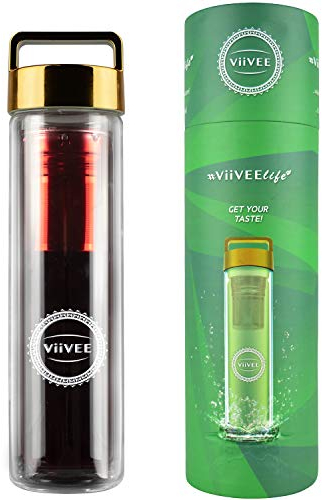 Viivee Life ® Teeflasche mit Sieb To Go (500ml) Thermoflasche für heiße & kalte Getränke Glas Trinkflasche 100% BPA Free Teekanne Doppelwandig für Tee | Detox | Smoothie | Infused Fruit Water