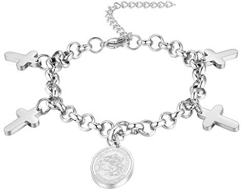 FaithHeart 17+4cm Verlängerung Silber Armband aus 316L Edelstahl mit Anhänger Saint Michael und Kreuz für Damen und Herren an jeden Alter
