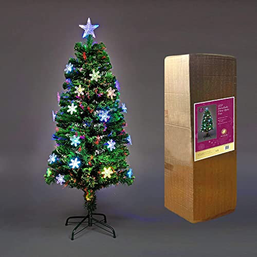 6Ft/180cm Fibre Optic Christmas Tree with Star Topper - LED Snowflakes Decorations - Pre-Lit Green Artificial Xmas Tree - Multicolor Changing Lights