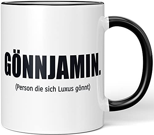 JUNIWORDS Tasse, Gönnjamin (Person die Sich Luxus gönnt), Wähle Farbe, Schwarz