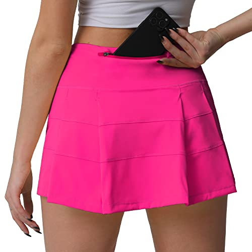 Husnainna Gonna da tennis plissettata a vita alta con tasche Skorts da golf atletica per le donne casual allenamento pantaloncini integrati, Rosa acceso, XXL