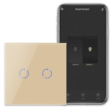 CNBINGO Smart Touch Lichtschalter Arbeiten mit Alexa, Google Assistant - WLAN Schalter unterputz - mit Glas Panel und Status-LED - Wandschalter zweifach in Gold - Ohne Neutralleiter