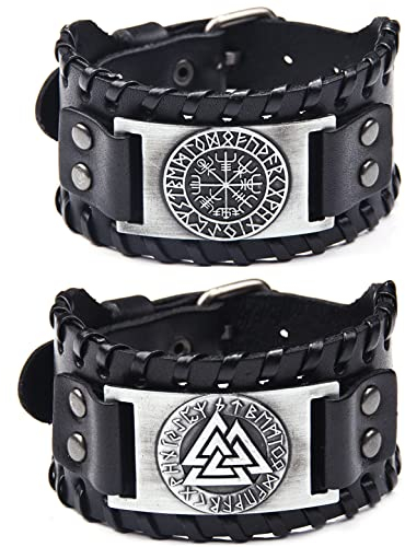 Sehaby 2 Stück Wikinger-Armband, Silbernes Runen Kompass-Armband, Handgemachtes Lederarmband, Odin Dreiecksarmband, Vintage Wide Cuff Wristband Armreif, Fashion Armband für Damen Herren
