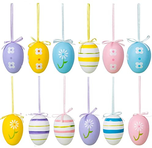 HERZWILD 12pcs Ostereier zum Aufhängen Ostereier mit Schnur Bunte Deko - Eier zum Aufhängen Oster deko (A)