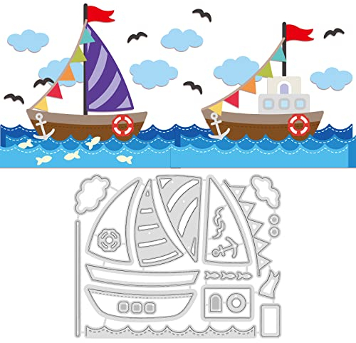 GLOBLELAND Stanzschablonen Segelboot Metall Schneiden Schablonen Möwe, Wolken und Wellen Stanzformen für Kartenherstellung und DIY Scrapbooking Dekor