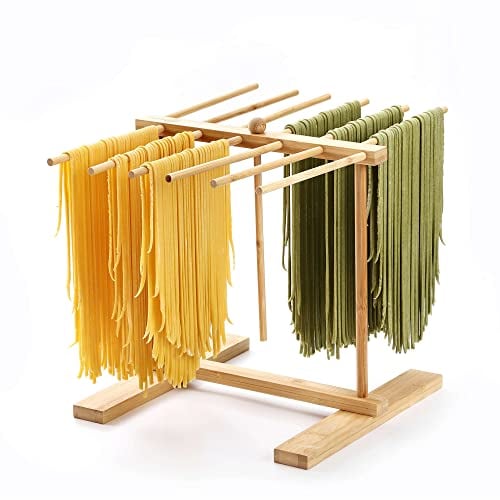 8SOM Scolapasta in bambù con bacchetta di trasferimento e 12 barre, facile da trasferire per asciugare la pasta e cucinare, design speciale a sospensione per riporre grandi quantità