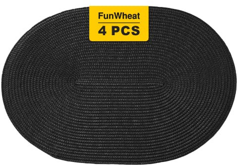 FunWheat Ovale geflochtene Platzsets, 4er-Set, Tischsets für Esstische, waschbar, hitzebeständig, für drinnen und draußen, 30,5 x 45,7 cm (oval, schwarz, 4 Stück)