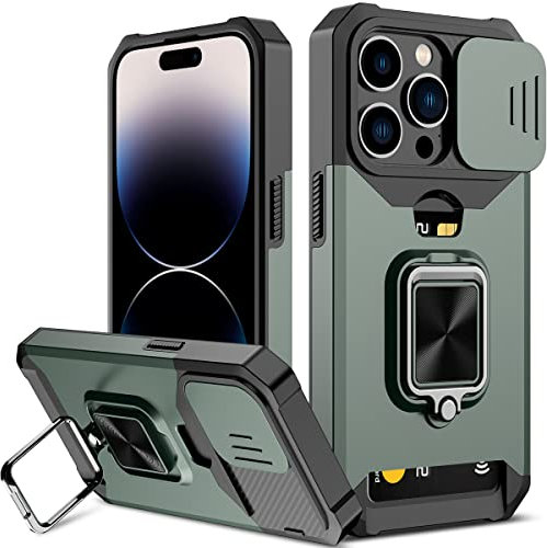 Nvollnoe for iPhone 14 Pro Case with Sliding Camera Cover and Card Holder Heavy Duty Protective for iPhone 14 Pro Case with Ring Magnetic Kickstand Phone Case for iPhone 14 Pro 6.1 inch(Green)