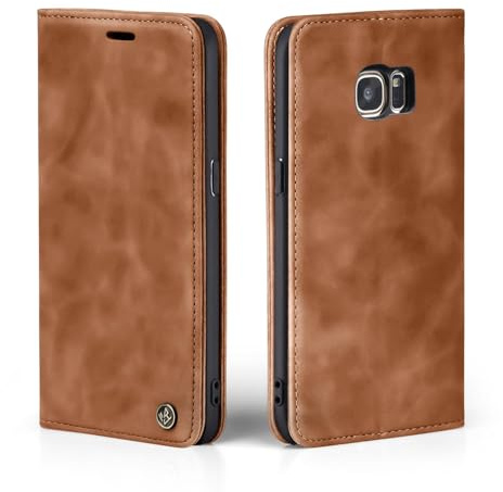 LBH Handyhülle für Samsung Galaxy S7 in Hellbraun mit Karten- und Geldfach Smartphone Hülle mit Standfunktion Flip Case Schutzhülle Magnetverschluss Vintage