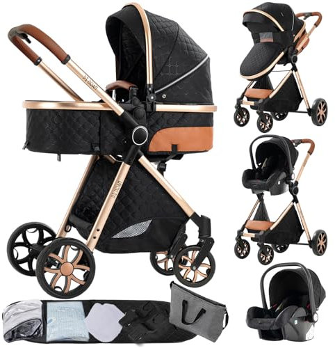 Prokoke Passeggino Trio, Passeggino 3 in 1 con Due Modi Reversibili per Spingere, Trio Passeggino Neonati Pieghevole in Un Clic, Trio con Una Lega di Alluminio a Cornice (225 Nero)