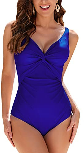 WIN.MAX Costumi da Bagno Interi per Donna Scollo a V Costume Intero Donna con Controllo della Pancia Monokini con arricciature, per Coppe da D a G (Blu, EU38)