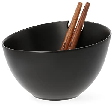 HOMLA Mooka Saladier en céramique avec accessoires – Bol de service, vaisselle de table, assiette à dessert, assiette à dessert, couleur noire brillante, 24 cm