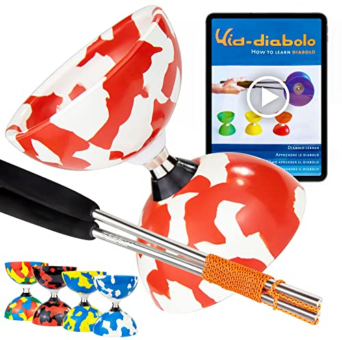 Juggle Dream Jester Diabolo Set de Jonglage avec Diabolo à roulement à Billes | Baguettes en Aluminium | Vidéo d'apprentissage en Ligne (Rouge/Blanc)