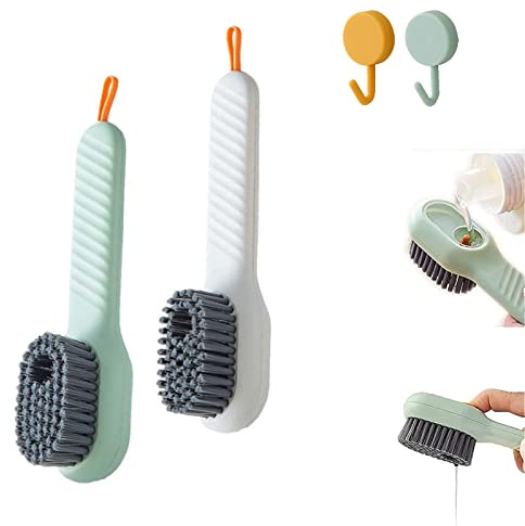 Lengenyen 2pcs Liquid Adding Soft Fur Cleaning Brush, Multifunctional Shoe Brush with Liquid Box for Shoe Washing and Cleaning, Bathroom, Kitchen, Soft Laundry Clothes (White+Green)