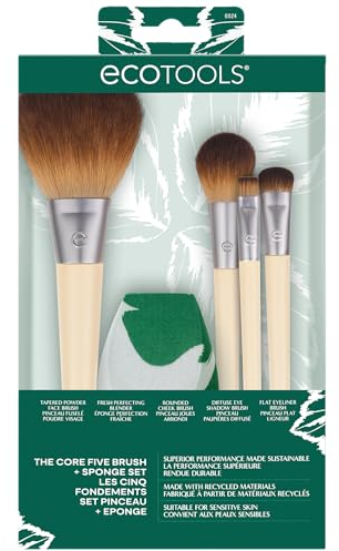 EcoTools Core Five Makeup Brush and Sponge Kit, For Eyeshadow, Blush, Bronzer, Eyeliner, & Foundation, Makeup Blending Sponge For Liquid & Cream Products, Vegan & Eco-Friendly Kit, 5 Piece Set