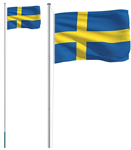vidaXL Flagge Schwedens mit Mast, Swedische Fahne mit wetterfestem Fahnenmast, Nationalflagge für Garten, Länderflagge Länderfahne, 6,23 m Aluminium