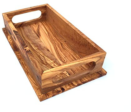 Plateau de service avec 2 poignées rectangulaire 32 x 18 x 7 cm, plateau fait main en bois d'olivier