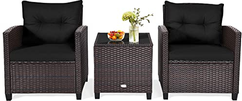 GOPLUS 3tlg. Balkonmöbel Set, Polyrattan Gartenmöbel Set, Terrassenmöbel Set mit 1 Tisch & 2 Stühlen, Lounge Set mit Kissen, Gartengarnitur Sitzgarnitur Sitzgruppe für Garten & Balkon (Schwarz)