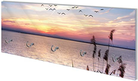 Wallario Wandgarderobe aus Glas in Größe 80 x 30 cm mit Memoboard-Funktion, Motiv: Seepanorama mit Schilf und fliegenden Vögeln | 5 Kleiderhaken zum Aufhängen von Jacken