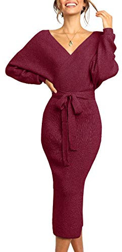 Saodimallsu Lange Pullover für Damen Skinny Passform Tailliert Freizeitkleider Fledermausflügel Schlitz Offener Rücken Figurbetontes Kleid mit Gürtel Weinrot Mittel