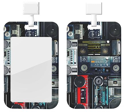 Id Badge Holder with Lanyard Vintage Wall of Radio Boombox Print Waterproof Id Card Badge Holder Case Detachable Neck Lanyard Strap Clear Name Tag Holders Transparent Card Case
