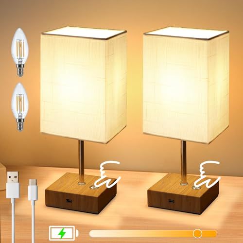 Lightess Lampe De Chevet Sans Fil Rechargeable Lampe De Chevet Bois A Pile USB Lampe De Chevet Tactile Lot De 2 Lampes De Table Moderne Gradable En Continu Pour Chambre Salon Blance Carré ﻿