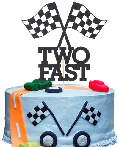 LeeLeeAn Two Fast Birthday Cake Topper – Rennwagen-Thema 2. Geburtstag, Party-Dekoration, 15,2 x 15,2 cm, karierte Flagge, Two Fast-Schild, goldener Glitzer-Karton, 1 Stück