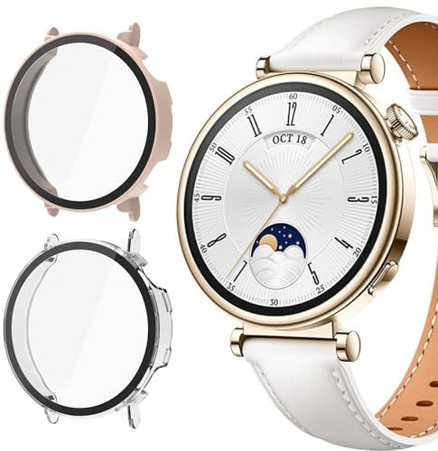Blueshaweu Coque en polycarbonate rigide avec protecteur d'écran en verre trempé compatible avec montre connectée Huawei Watch GT 4 de 41 mm (transparent + rose)