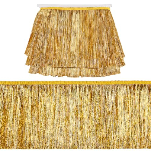 OLYCRAFT 10m Goldener Metallic Fransenbesatz 15cm Breit Lametta Fransen Lametta Besatz Girlande Tanz Fransenbesatz Polyester Quasten Spitzenband Makramee Spitzenband Verschönern von Kleidern