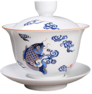 Woonsoon Jingdezhen Chinese Porcelain Gaiwan Handmade 7oz/200ml Kungfu Teacup White Glazed Tureen Chinese Sancai Cover Bowl Lip Cup Saucer Set Traditional Teaware Tea Set (Fish)
