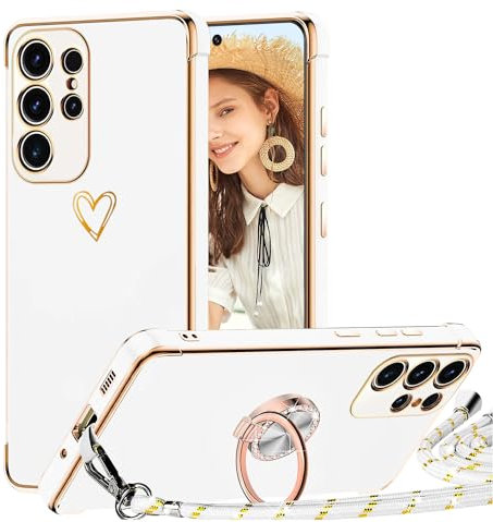 TVVTPU Handyband für Samsung Galaxy S23 Ultra Hülle mit Band, Herz Muster Handyhülle mit Ring Ständer Stoßfeste Kratzfest Bumper Outdoor Schutzhülle Case mit Kordel zum Umhängen (Abnehmbar), Weiß