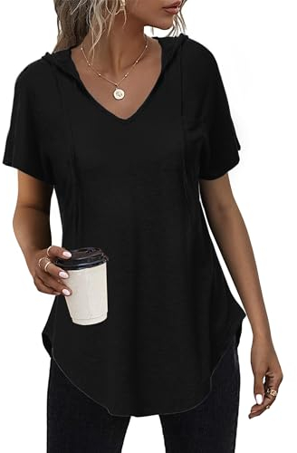 Tanmolo Damen Sommer Hoodie Sweatshirt mit Kapuze Kurzarm T Shirt V Ausschnitt Kapuzenpullover Kordelzug Tops Schwarz, XXL