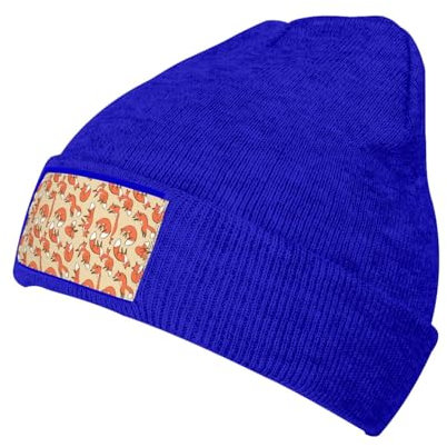 WURTON Strickmütze mit vielen Füchsen, warme Mütze, Unisex, elastisch, randlos, für Weihnachten, Geburtstage, Blau, Einheitsgr��e