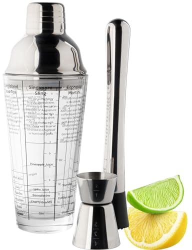 Taylor's Eye Witness Taproom 3pcs Silver Stainless-Steel & Glass Recipe Cocktail Shaker Set - Includes 400ml (14fl oz) Metal Cobbler Shaker, 25ml/40ml Double Jigger & Muddler.