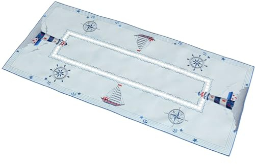 Maritimer Tischläufer Leuchtturm bestickt weiß bunt Polyester als Tischdeko - Tischdecke Schiff VALERIE 40 x 90 cm rechteckig - Waschbare Kunststoff Tisch Läufer Esstisch Deko Party Geburtstag