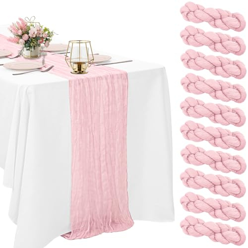 10 Pack Light Pink Cheesecloth Table Runner 10FT Boho Gauze Fabric Table Runner Vintage Rustic Sheer Runners for Wedding Party Bridal Baby Shower Long Table Decorations