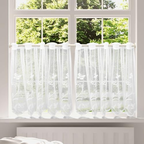 ZOLGINAH Tende Cucina Bianco con Occhielli,Tende per Finestre Semitrasparenti Con Delicati Motivi Farfalla,Tende Corte Bianco per Arredare la Casa di Campagna Del Bistrot 75x60CM(BxH) 2pcs
