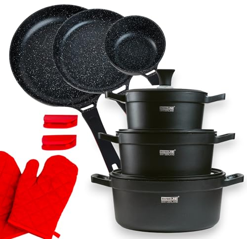 Swiss line Batterie de cuisine induction - set de casseroles tout feux avec couvercle en verre - lot casserole et poele anti adhesive, Pour toutes sources de chaleur, sans PFOA (14 pièces)