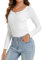 SHAPERIN Women Long Sleeve Tops Casual Crew Neck T-Shirt Blouses Solid Color Slim Fit Undershirts, White, M