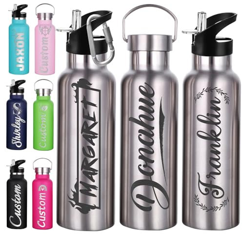 Akmxem Gourde Personnalisée Avec Paille 350ml 750ml Gourde Isotherme Personnalisable Gravé Nom Logo Gourde Personnalisée En Acier Inoxydable Cadeau pour l'École Le Sport Le Bureau l'Extérieur