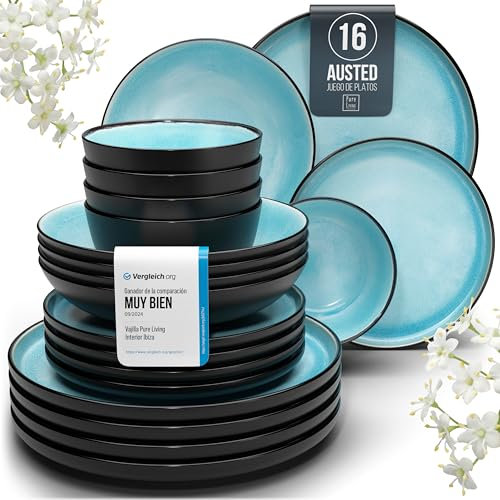 Juego de Vajilla Ibiza para 4 Personas - 16 Piezas - Set de Vajilla para Lavavajillas y Microondas - Moderno Juego de Platos - Servicio de Pure Living en Aguamarina
