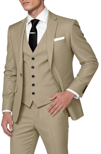 HUUTOE Men's 3 Piece Suits Slim Fit Prom Wedding Suits for Men Suit Summer Blazer Jacket Vest Pants Tuxedo Set, Khaki, XS