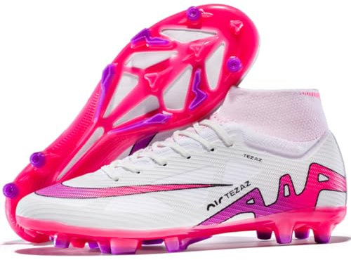 Mens Football Shoes Spike High Top Football Boots Youth Outdoor Turf Trainers Cleats Soccer Shoes Cleats Boys Professional Athletic Sneaker (Pink-3-T, 6.5UK)