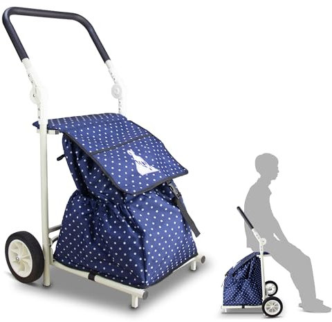TOPWELL Einkaufstrolley, Klappbarer bis 50kg Einkaufswagen 120L Einkaufstasche Shoppingtrolley Handwagen für Einkaufen oder Transportieren von Waren, Kann als Sitz verwendet Werden. (Blau+weiß)