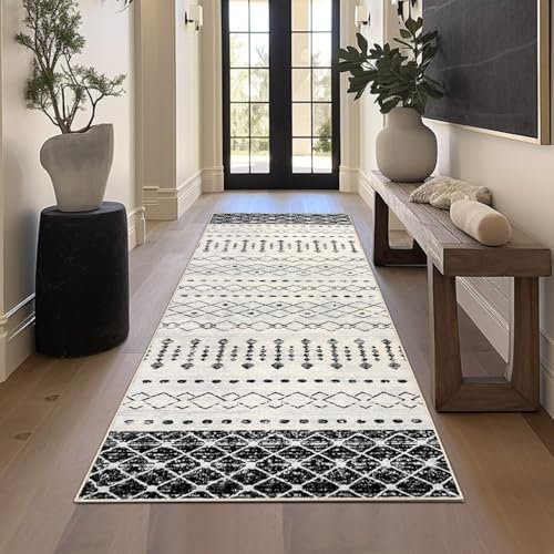 Homcomodar Teppich Läufer 80x200cm Teppichläufer Boho Küchenläufer Waschbar Lang rutschfest Teppichläufer für Flur Wohnzimmer Eingang(Schwarz/Weiß)