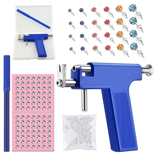 Ohrloch Stecher Set, Piercing Set Selber Stechen mit 98 St Ohrstecker, 12 Paar Weiße Diamanten, Ohr Piercing Pistole Kit, Painless Self Piercing Tool, für Nabel, Nase, Lippe, Septum Ohr(Marineblau)