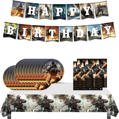 Gaming Call Party Birthday Supplies, Duty Theme Party Tableware with Happy Birthday Banner, tablecloth, Disposable 7 Paper Plates with Napkins for Fans Party Favors Decorations